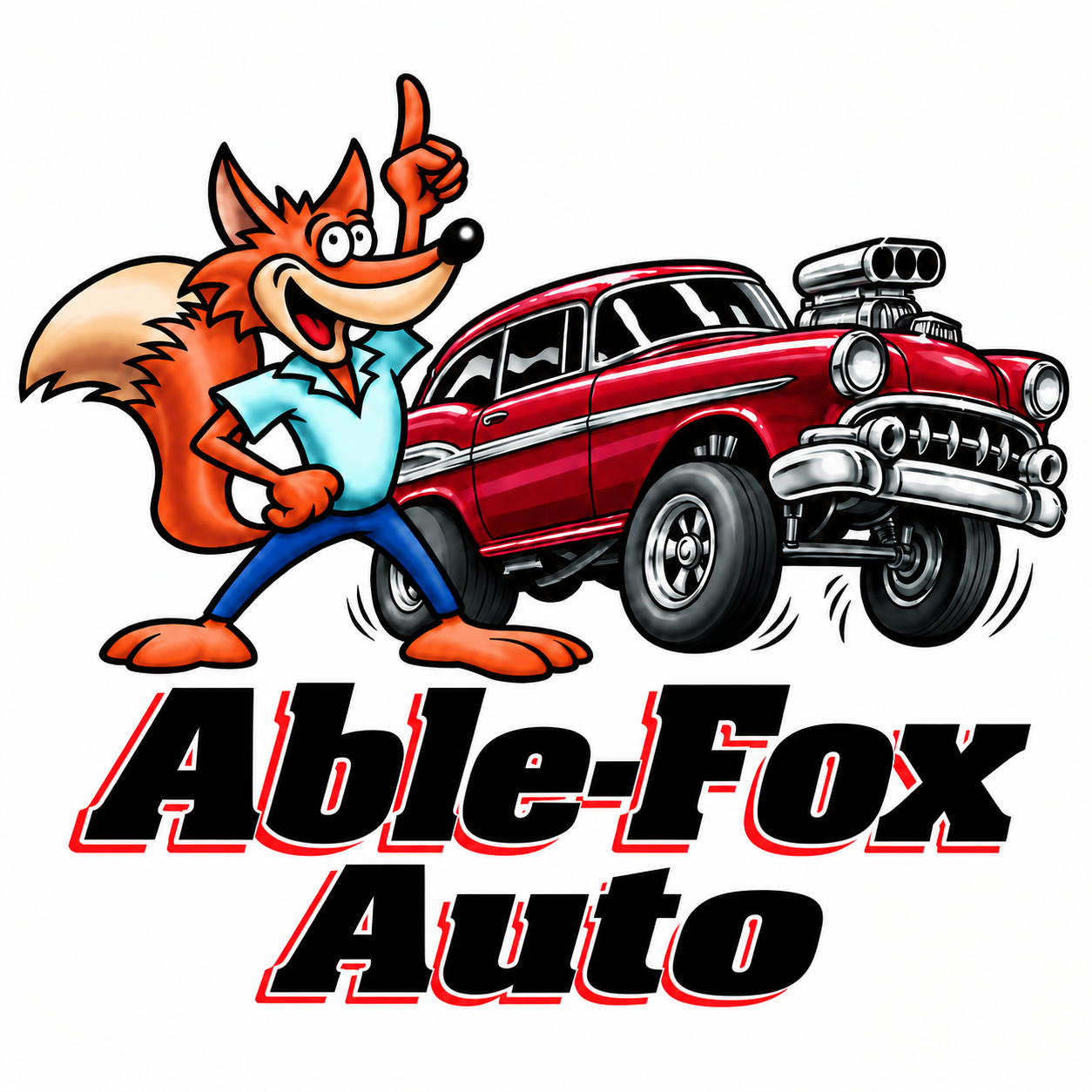 Able-Fox Auto fox mascot and red hot rod